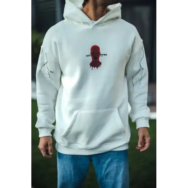 Erkek Kapüşonlu Kanguru Cepli Sweatshirt 3 İplik Pamuklu Baskılı Hoodie -  Beyaz