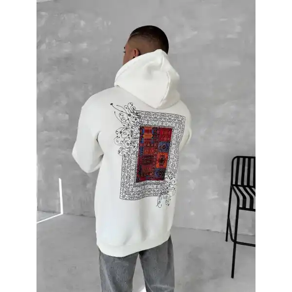Erkek Kapüşonlu Kanguru Cepli Sweatshirt 3 İplik Pamuklu Baskılı Hoodie - Beyaz