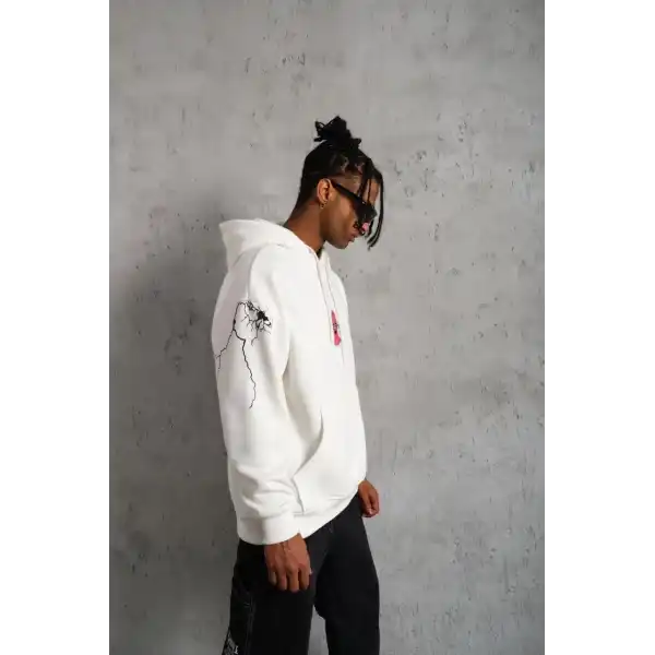 Erkek Kapüşonlu Kanguru Cepli Sweatshirt 3 İplik Pamuklu Baskılı Hoodie -  Beyaz