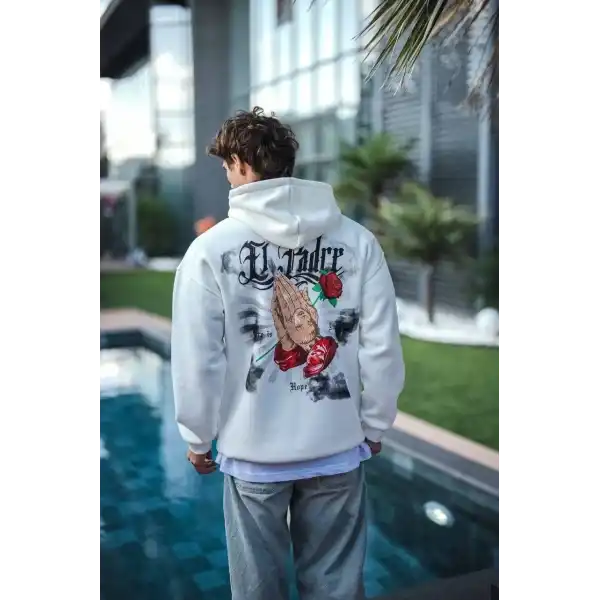 Erkek Kapüşonlu Kanguru Cepli Sweatshirt 3 İplik Pamuklu Baskılı Hoodie - Beyaz