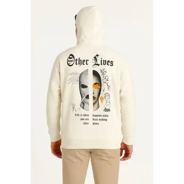 Erkek Kapüşonlu Kanguru Cepli Sweatshirt 3 İplik Pamuklu Baskılı Hoodie - Beyaz