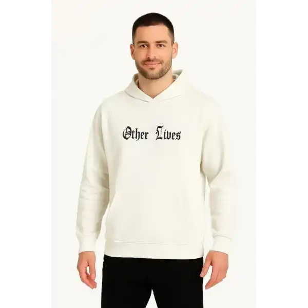 Erkek Kapüşonlu Kanguru Cepli Sweatshirt 3 İplik Pamuklu Baskılı Hoodie - Beyaz