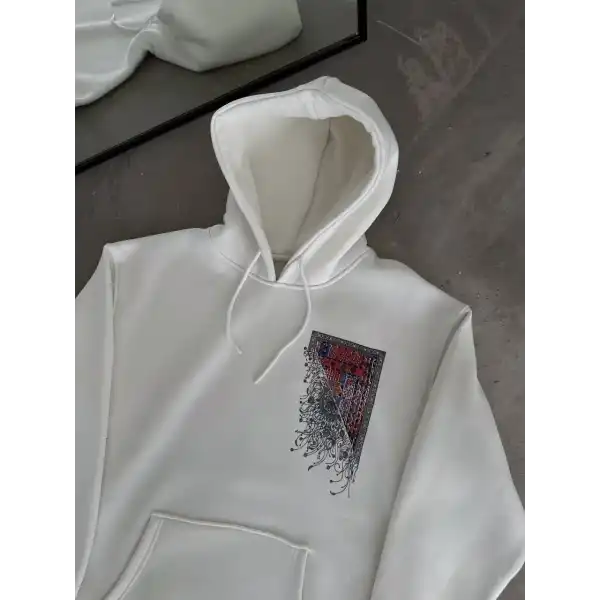 Erkek Kapüşonlu Kanguru Cepli Sweatshirt 3 İplik Pamuklu Baskılı Hoodie - Beyaz
