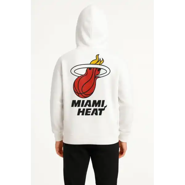 Erkek Kapüşonlu Kanguru Cepli Sweatshirt 3 İplik Pamuklu Baskılı Hoodie - Beyaz