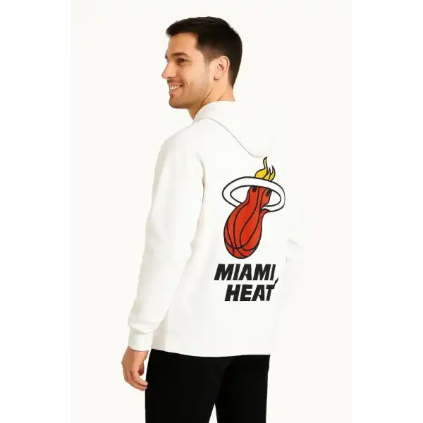 Erkek Kapüşonlu Kanguru Cepli Sweatshirt 3 İplik Pamuklu Baskılı Hoodie - Beyaz