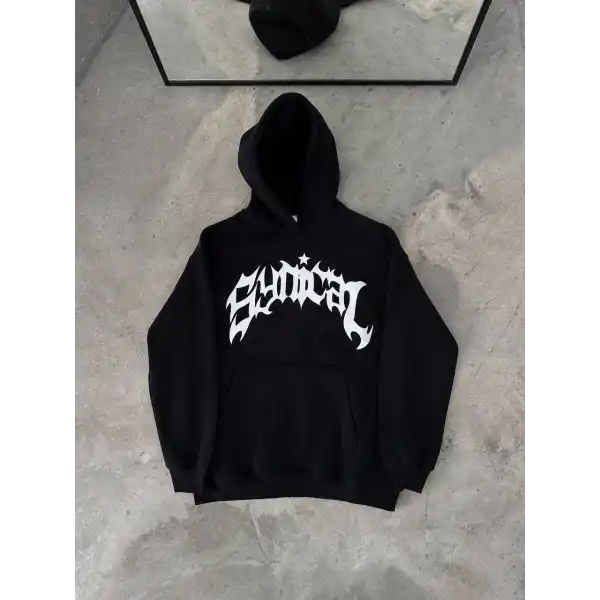 Erkek Kapüşonlu Kanguru Cepli Sweatshirt 3 İplik Pamuklu Baskılı Hoodie - Siyah