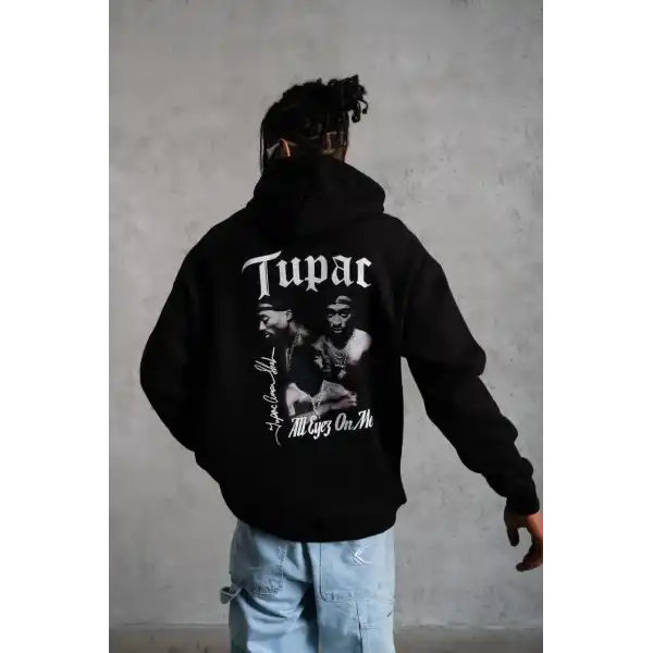 Erkek Kapüşonlu Kanguru Cepli Sweatshirt 3 İplik Pamuklu Baskılı Hoodie - Siyah