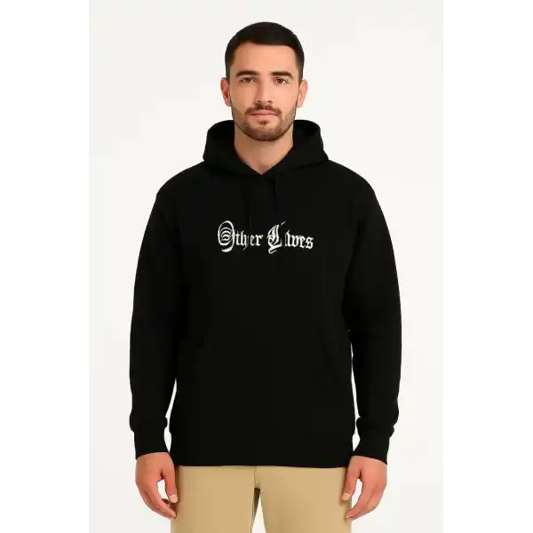 Erkek Kapüşonlu Kanguru Cepli Sweatshirt 3 İplik Pamuklu Baskılı Hoodie - Siyah