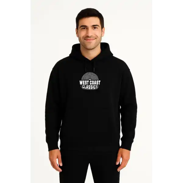 Erkek Kapüşonlu Kanguru Cepli Sweatshirt 3 İplik Pamuklu Baskılı Hoodie -  Siyah