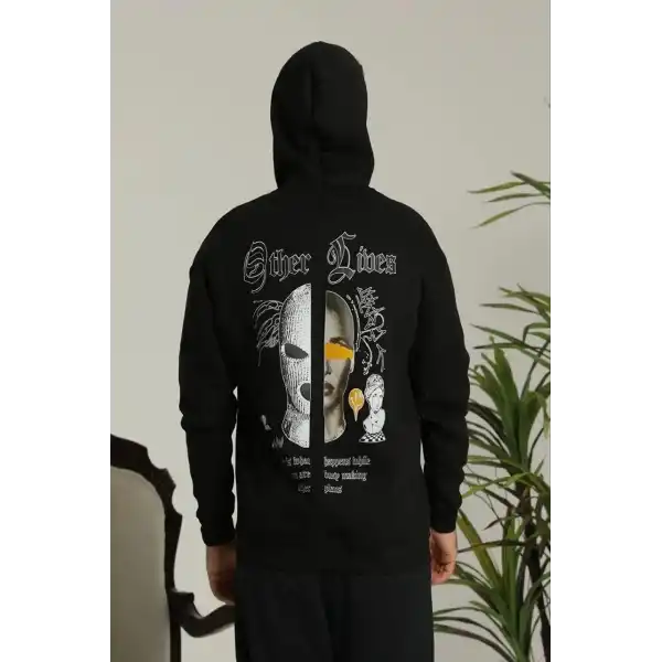 Erkek Kapüşonlu Kanguru Cepli Sweatshirt 3 İplik Pamuklu Baskılı Hoodie - Siyah