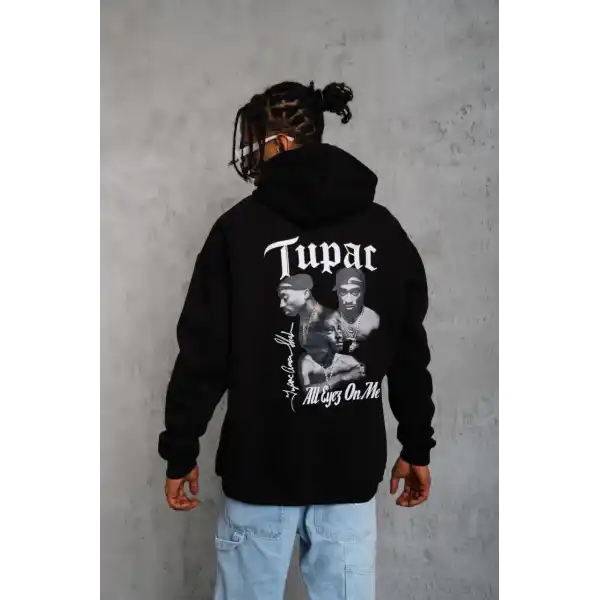 Erkek Kapüşonlu Kanguru Cepli Sweatshirt 3 İplik Pamuklu Baskılı Hoodie - Siyah