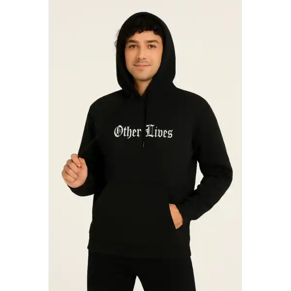 Erkek Kapüşonlu Kanguru Cepli Sweatshirt 3 İplik Pamuklu Baskılı Hoodie - Siyah