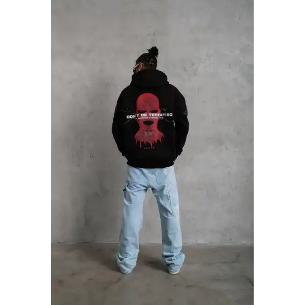 Erkek Kapüşonlu Kanguru Cepli Sweatshirt 3 İplik Pamuklu Baskılı Hoodie - Siyah