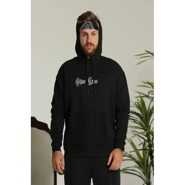 Erkek Kapüşonlu Kanguru Cepli Sweatshirt 3 İplik Pamuklu Baskılı Hoodie - Siyah