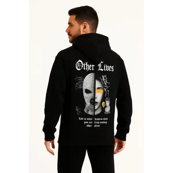 Erkek Kapüşonlu Kanguru Cepli Sweatshirt 3 İplik Pamuklu Baskılı Hoodie - Siyah