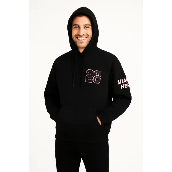 Erkek Kapüşonlu Kanguru Cepli Sweatshirt 3 İplik Pamuklu Baskılı Hoodie - Siyah