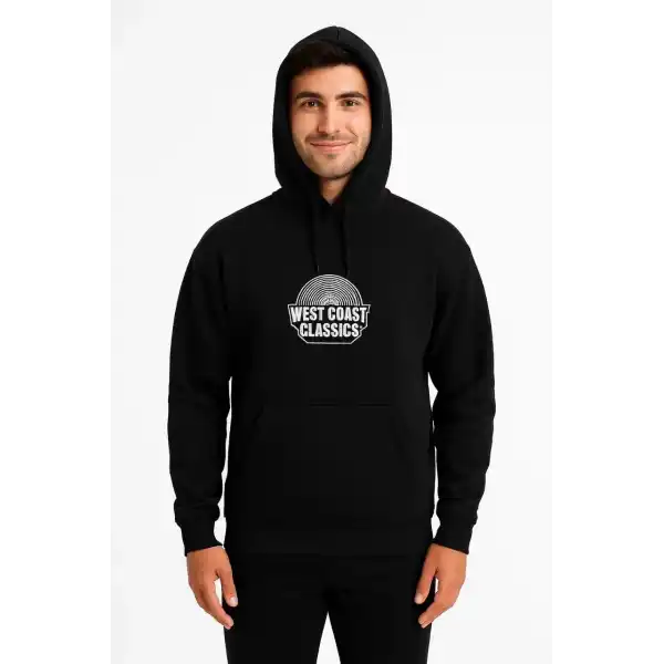 Erkek Kapüşonlu Kanguru Cepli Sweatshirt 3 İplik Pamuklu Baskılı Hoodie -  Siyah