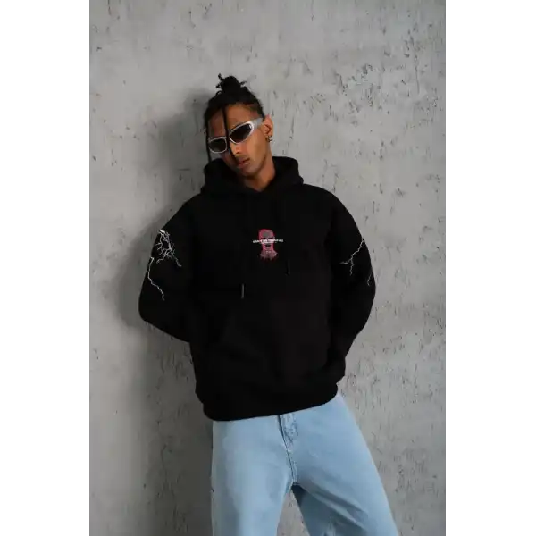 Erkek Kapüşonlu Kanguru Cepli Sweatshirt 3 İplik Pamuklu Baskılı Hoodie - Siyah