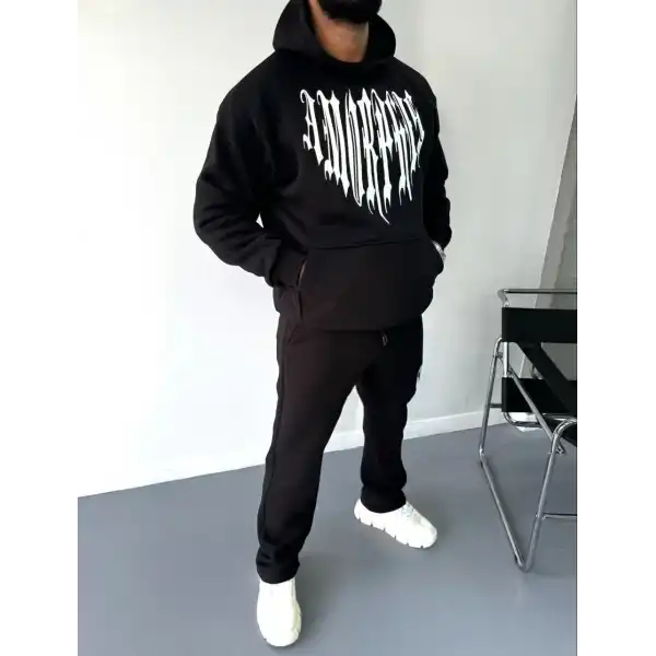 Erkek Kapüşonlu Kanguru Cepli Sweatshirt 3 İplik Pamuklu Baskılı Hoodie -  Siyah