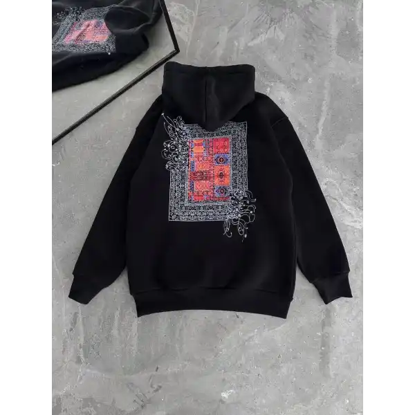 Erkek Kapüşonlu Kanguru Cepli Sweatshirt 3 İplik Pamuklu Baskılı Hoodie - Siyah