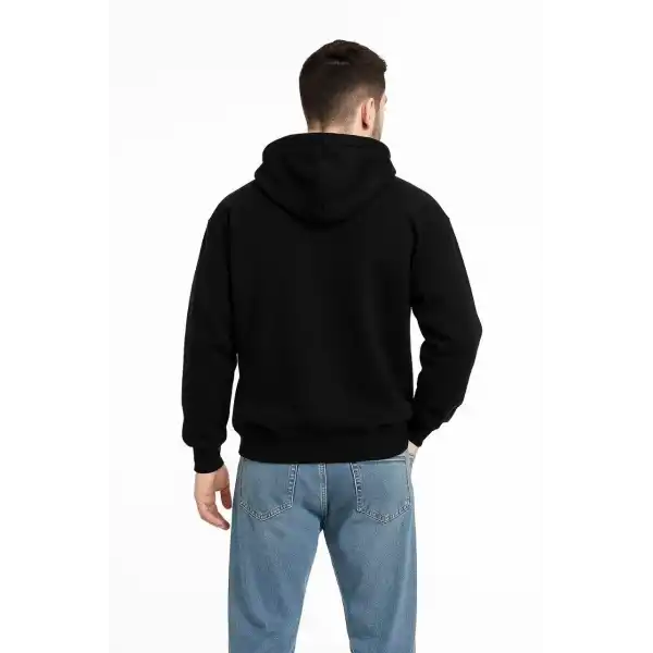 Erkek Kapüşonlu 3 İplik Şardonlu Önü Baskılı Fermuarlı Oversize Sweatshirt - Siyah