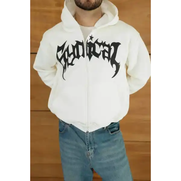 Erkek Kapüşonlu 3 İplik Şardonlu Önü Baskılı Fermuarlı Oversize Sweatshirt - Beyaz