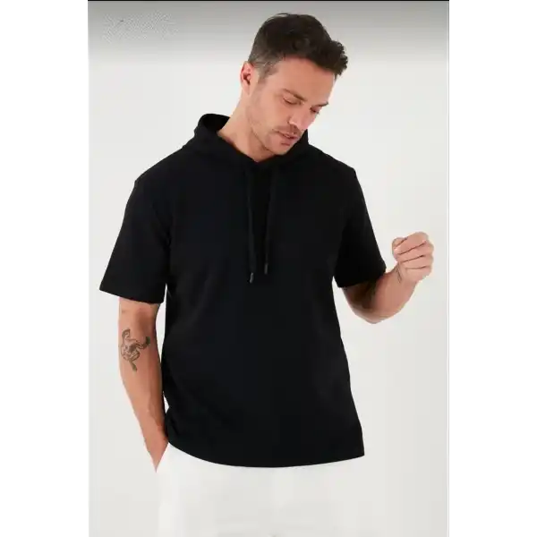 Erkek Kapüşonlu Tişört Kısa Kol Düz Oversize T-shirt - Siyah