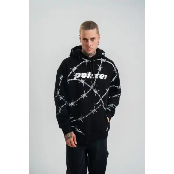 ERKEK Kapüşonlu Varak ve Pano Baskılı Hoodie  SweatShirt- Siyah
