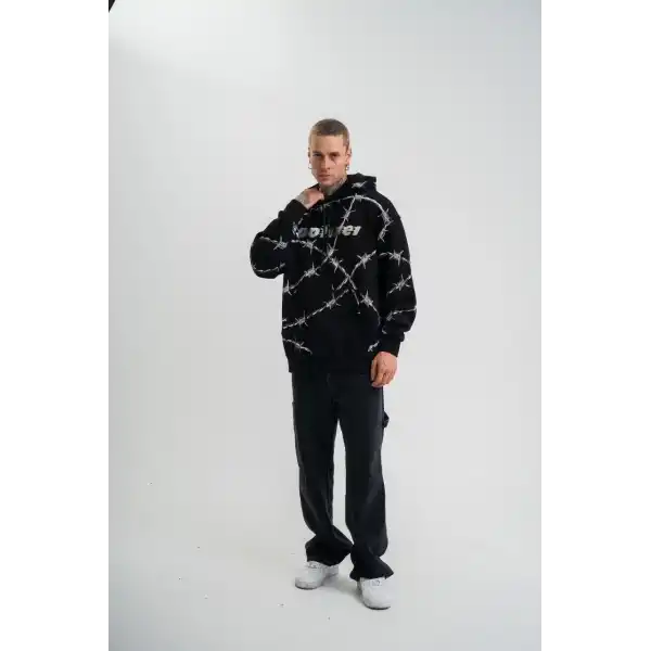 ERKEK Kapüşonlu Varak ve Pano Baskılı Hoodie  SweatShirt- Siyah