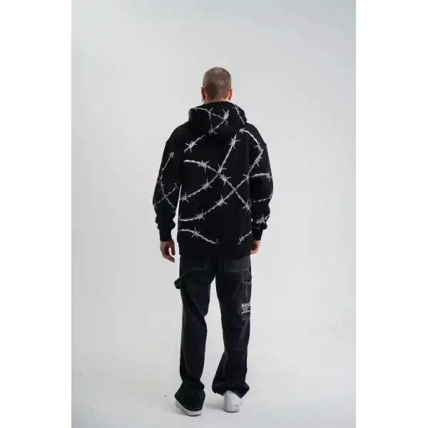 ERKEK Kapüşonlu Varak ve Pano Baskılı Hoodie  SweatShirt- Siyah