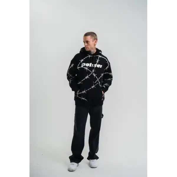 ERKEK Kapüşonlu Varak ve Pano Baskılı Hoodie  SweatShirt- Siyah