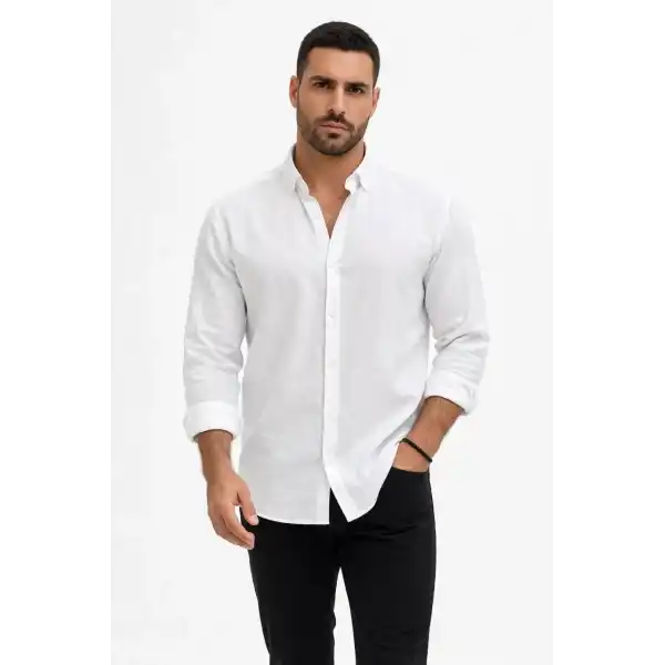 Erkek KETEN Kumaş Uzun Kollu Regular fit Gömlek - Beyaz