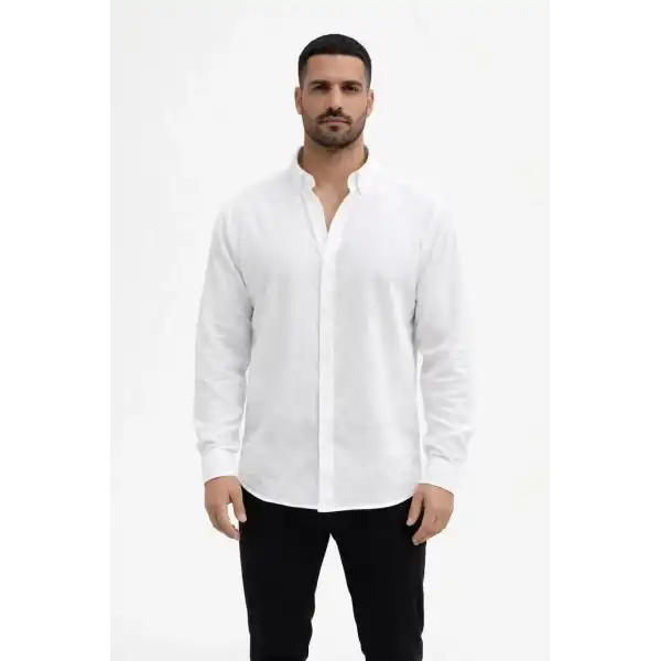 Erkek KETEN Kumaş Uzun Kollu Regular fit Gömlek - Beyaz