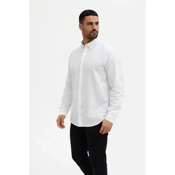 Erkek KETEN Kumaş Uzun Kollu Regular fit Gömlek - Beyaz