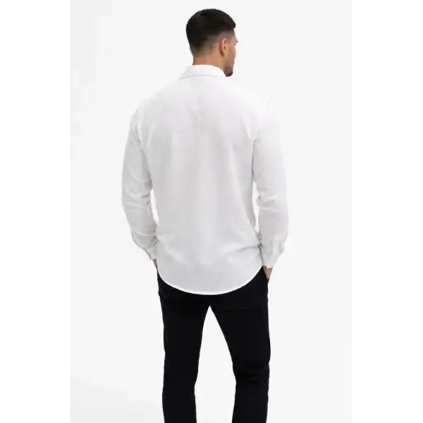 Erkek KETEN Kumaş Uzun Kollu Regular fit Gömlek - Beyaz