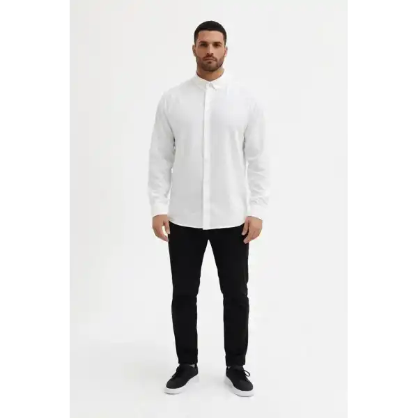 Erkek KETEN Kumaş Uzun Kollu Regular fit Gömlek - Beyaz