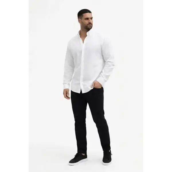 Erkek KETEN Kumaş Uzun Kollu Regular fit Gömlek - Beyaz