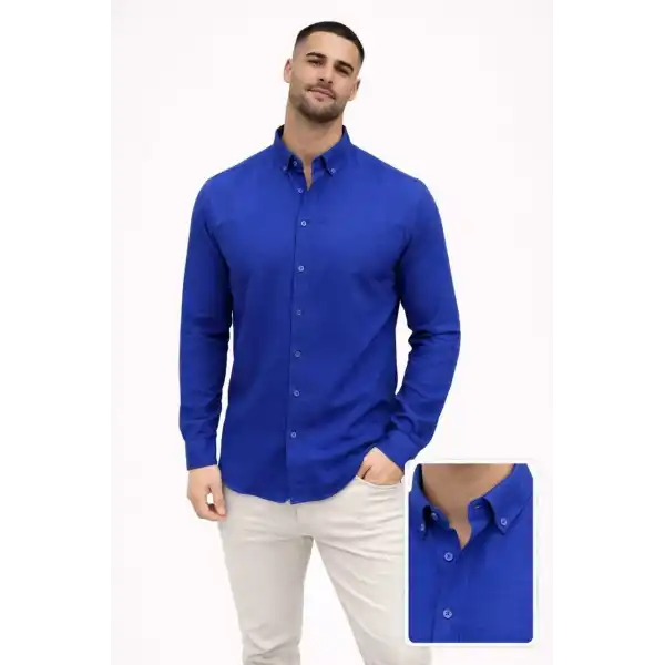 Erkek KETEN Kumaş Uzun Kollu Regular fit Gömlek - Saks Mavisi