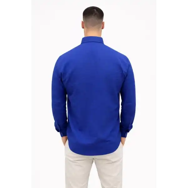 Erkek KETEN Kumaş Uzun Kollu Regular fit Gömlek - Saks Mavisi