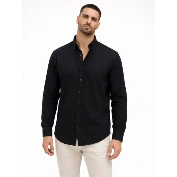 Erkek KETEN Kumaş  Uzun Kollu Regular Fit Gömlek - Siyah