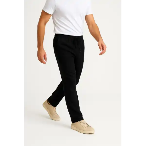 Erkek Keten Pantolon – Cepli, Beli Lastikli ve Bağcıklı, Nefes Alan Rahat Kalıp, Yazlık ve Baharlık Günlük Giyim, Şık & Konforlu Boru Paça Model - Siyah