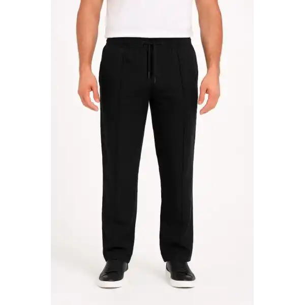 Erkek Keten Pantolon – Cepli, Beli Lastikli ve Bağcıklı, Nefes Alan Rahat Kalıp, Yazlık ve Baharlık Günlük Giyim, Şık & Konforlu Boru Paça Model - Siyah