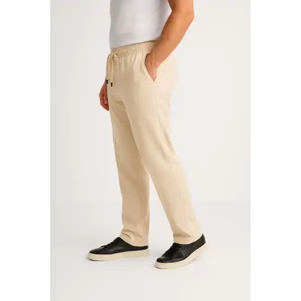 Erkek Keten Pantolon – Cepli, Beli Lastikli ve Bağcıklı, Nefes Alan Rahat Kalıp, Yazlık ve Baharlık Günlük Giyim, Şık & Konforlu Boru Paça Model - Bej