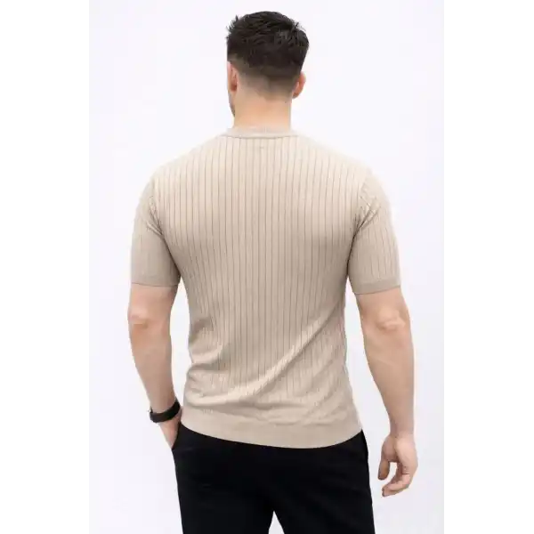 Erkek Kısa Kol Fitilli Triko T-Shirt Yazlık Hakim Yaka Tişört - Bej