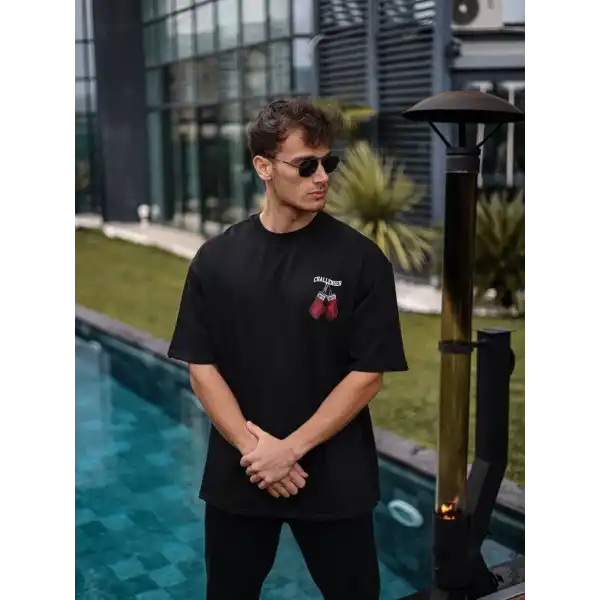 Erkek Kısa Kol Tişört Bisiklet Yaka Box Eldiven Baskılı T-Shirt -  Siyah