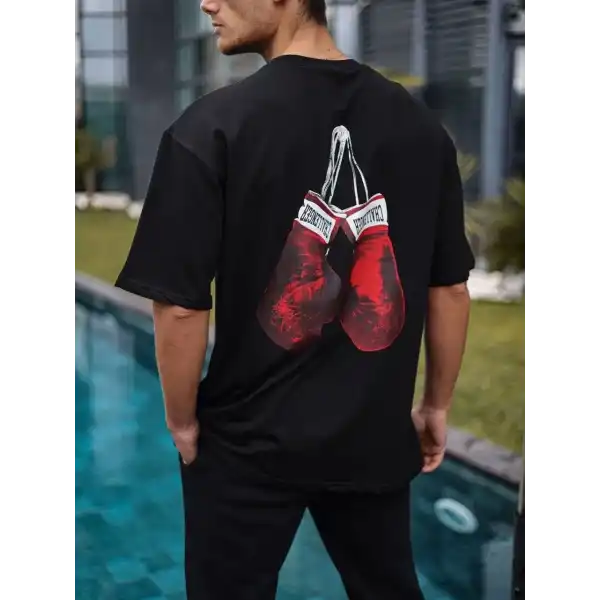 Erkek Kısa Kol Tişört Bisiklet Yaka Box Eldiven Baskılı T-Shirt -  Siyah