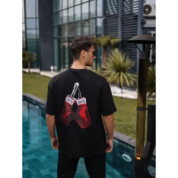 Erkek Kısa Kol Tişört Bisiklet Yaka Box Eldiven Baskılı T-Shirt -  Siyah