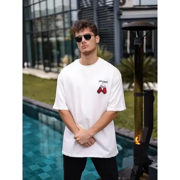 Erkek Kısa Kol Tişört Bisiklet Yaka Boxy Eldiven Baskılı T-Shirt - Beyaz