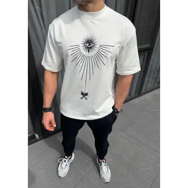 Erkek Kısa Kol Tişört Bisiklet Yaka GÜL Baskılı Oversize T-Shirt - Beyaz