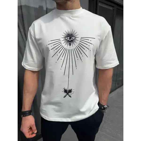 Erkek Kısa Kol Tişört Bisiklet Yaka GÜL Baskılı Oversize T-Shirt - Beyaz
